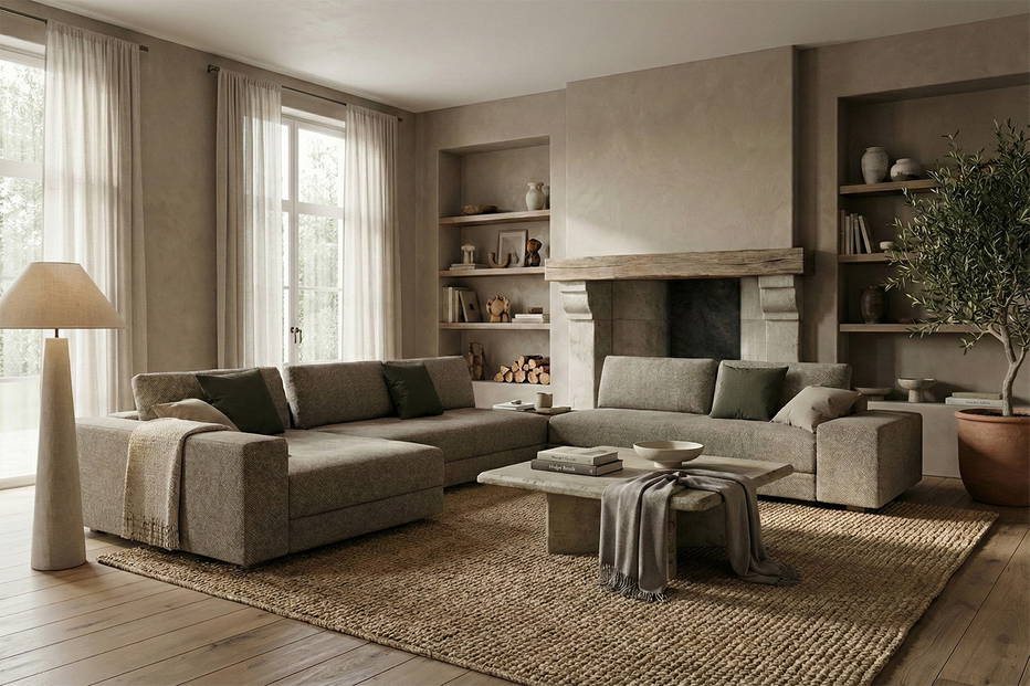 Kuba Plain J-Shape Sectional Sofa with Table