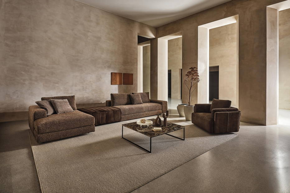 The Kuba Plain Sectional Sofa With Chaise with a Sunset armchair and Metrico coffee table.