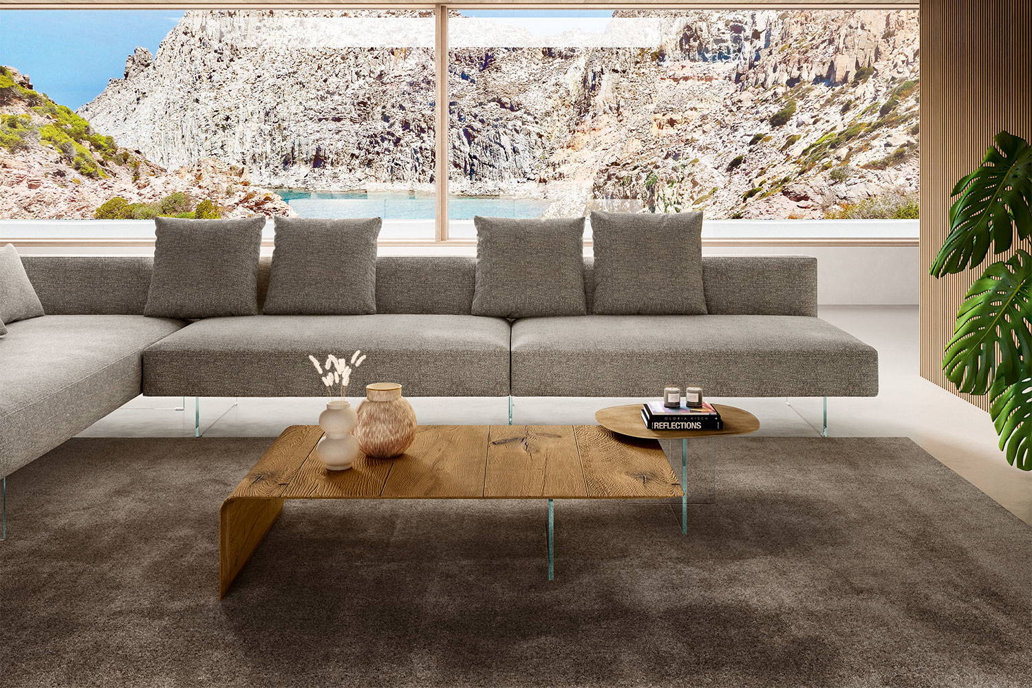 The Lean coffee table with the Pleasure end table and Air sectional sofa