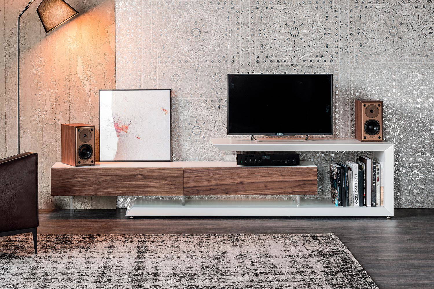 Link TV stand in Textured White with door and drawer in Canaletto Walnut