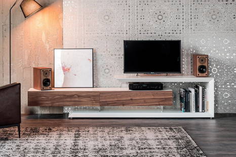 Link TV stand in Textured White with door and drawer in Canaletto Walnut
