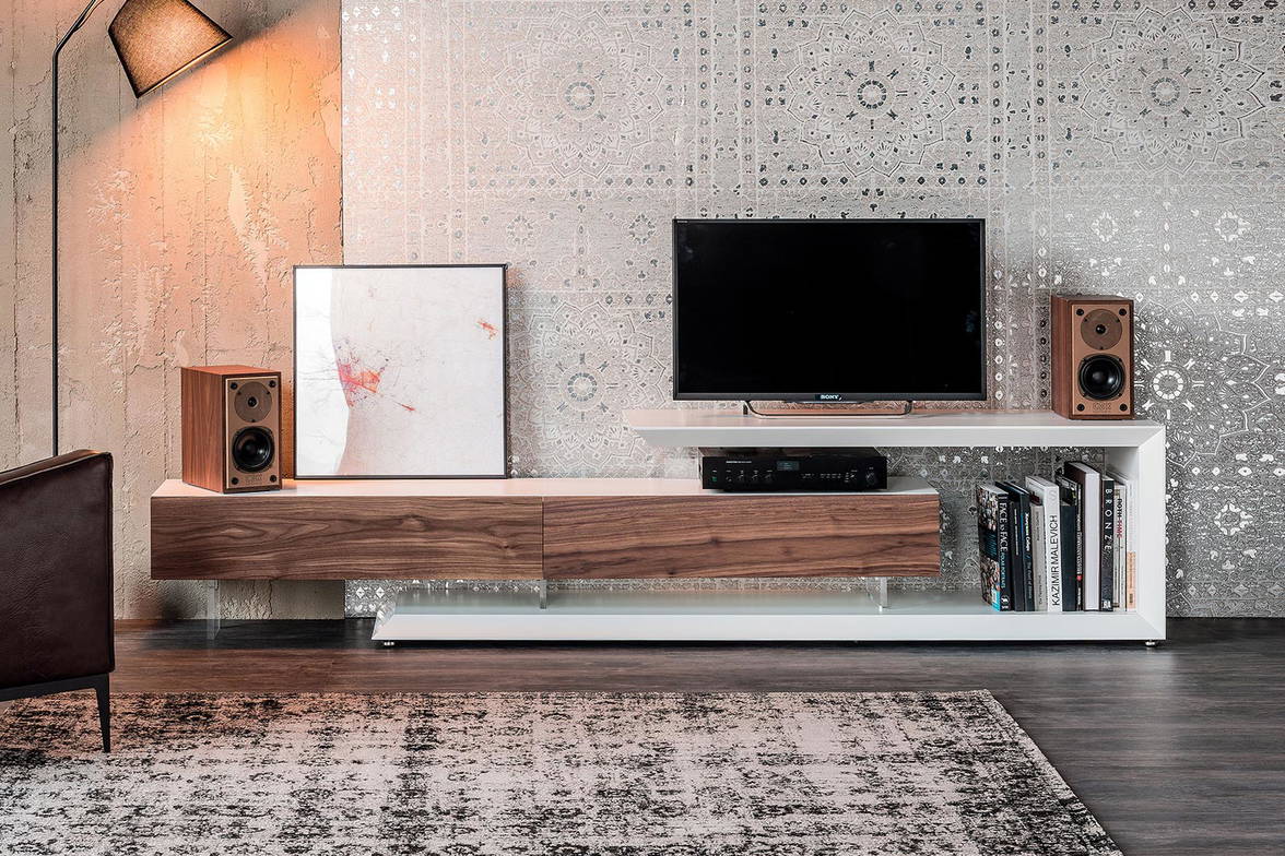 Link TV stand in Textured White with door and drawer in Canaletto Walnut Link TV stand in Textured White with door and drawer in Canaletto Walnut