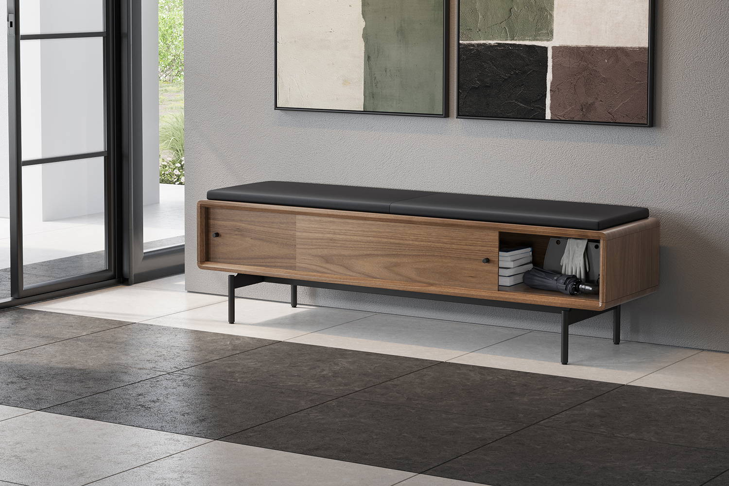 Linq Bench with natural walnut wood and pepper leather finishes