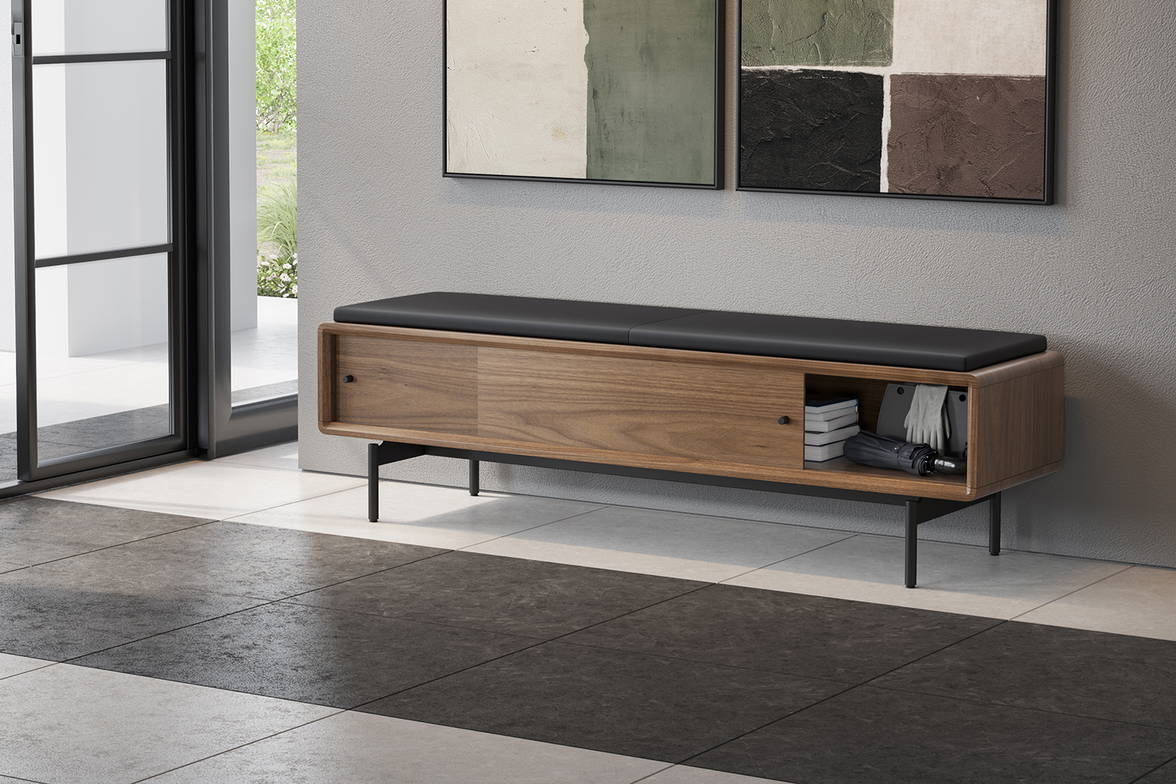 Linq Bench with natural walnut wood and pepper leather finishes Linq Bench with natural walnut wood and pepper leather finishes