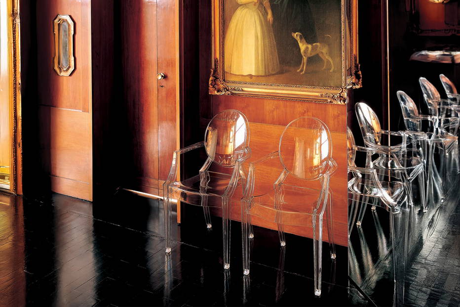 Louis Ghost Fire-Resistant Dining Chair in waiting room