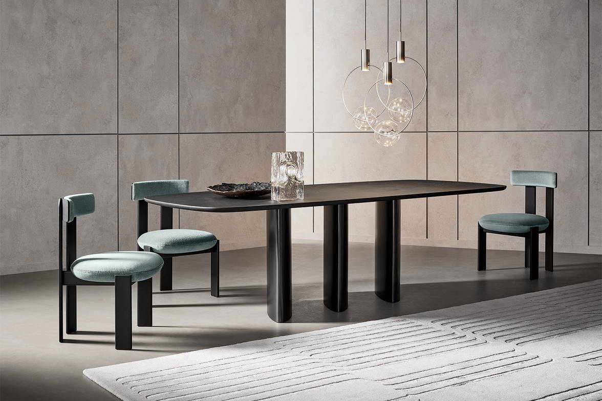 The Louver Dining Table with the Pi Dining Chairs and Keshi lights. The Louver Dining Table with the Pi Dining Chairs and Keshi lights.