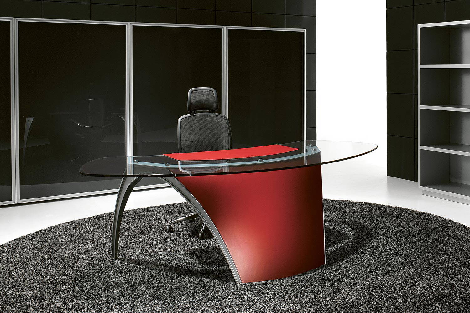 Luna office desk with Clear Glass Top and Red Hard Leather Modesty Panel and Red Leather Pad