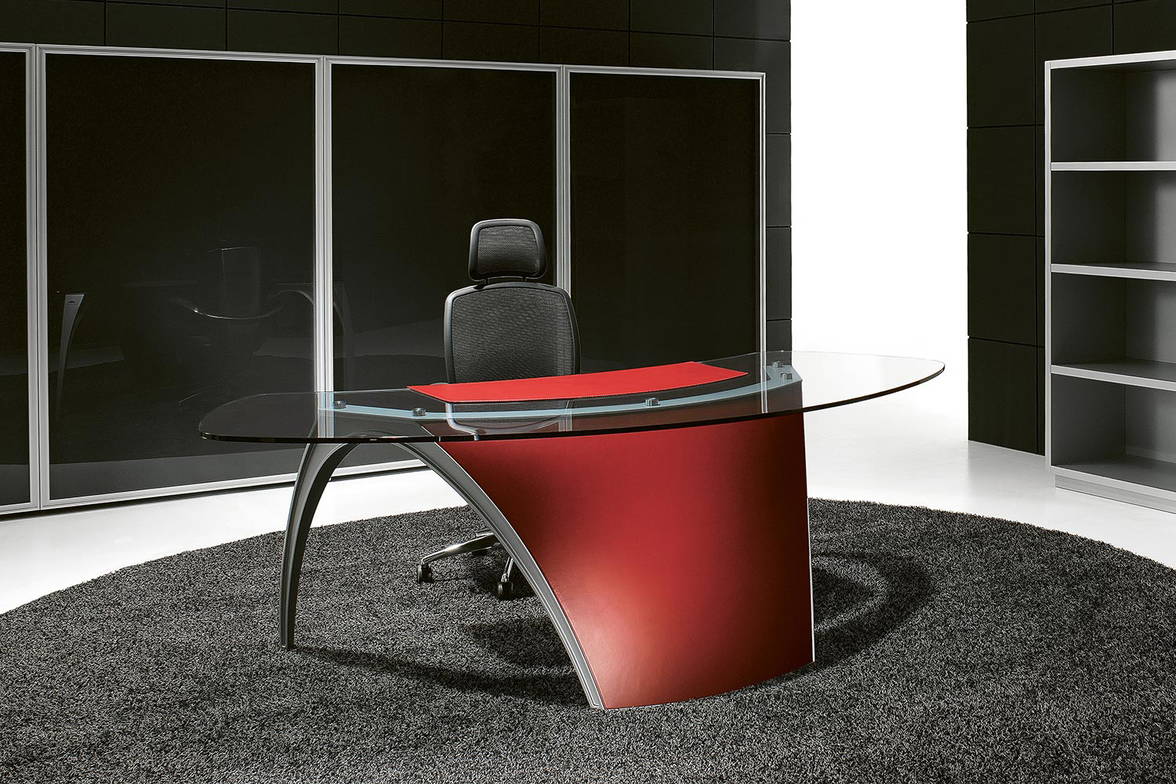 Luna office desk with Clear Glass Top and Red Hard Leather Modesty Panel and Red Leather Pad Luna office desk with Clear Glass Top and Red Hard Leather Modesty Panel and Red Leather Pad