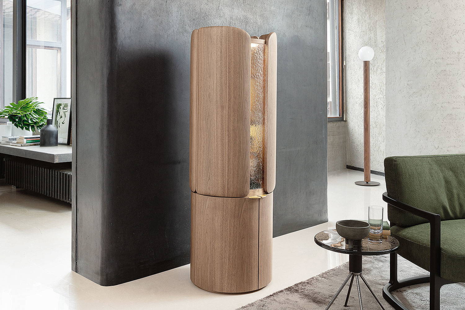 Mary bar cabinet in living room setting with Lum floor lamp by Porada