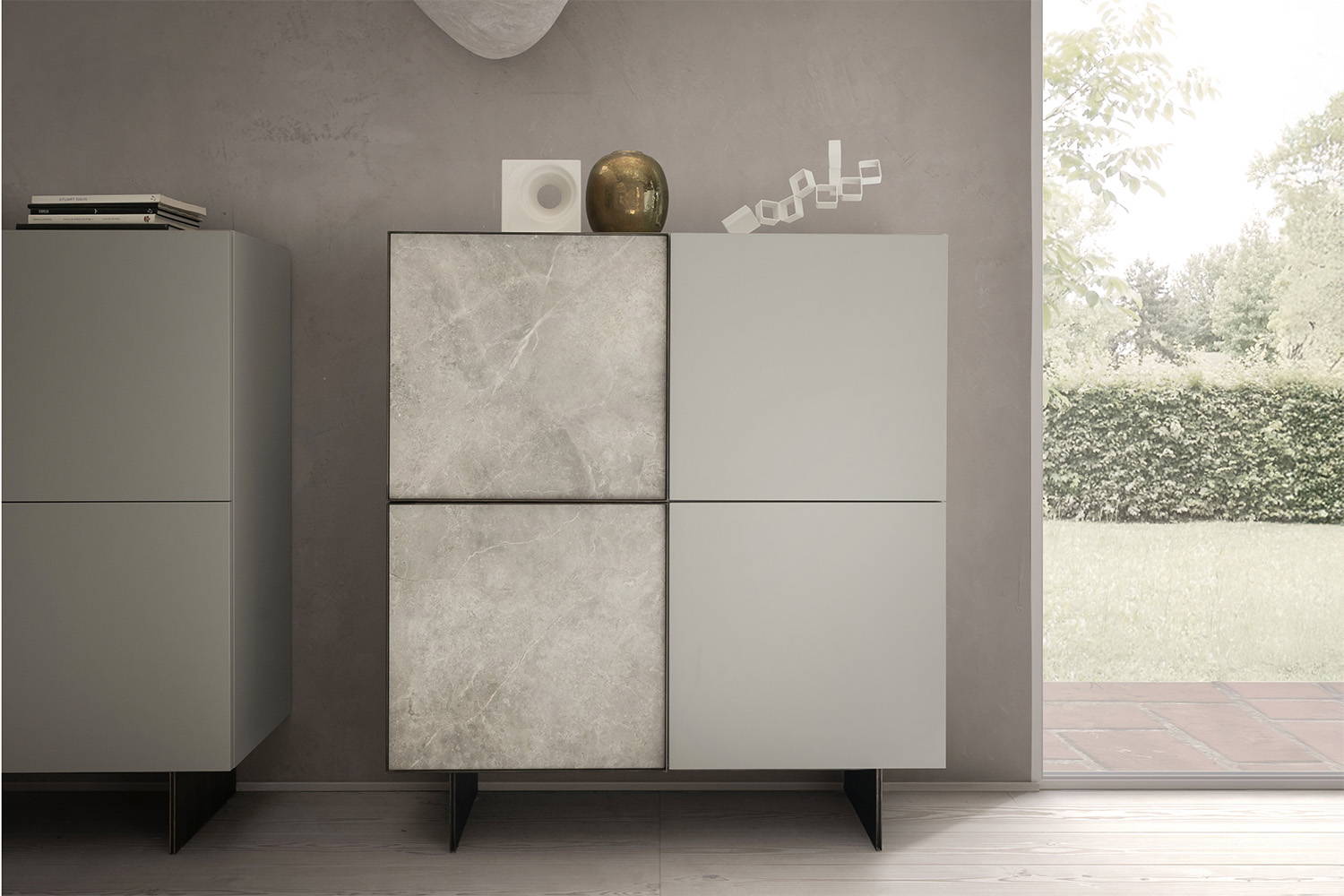 Match cupboard with matte girigio fume ceramic accent panels