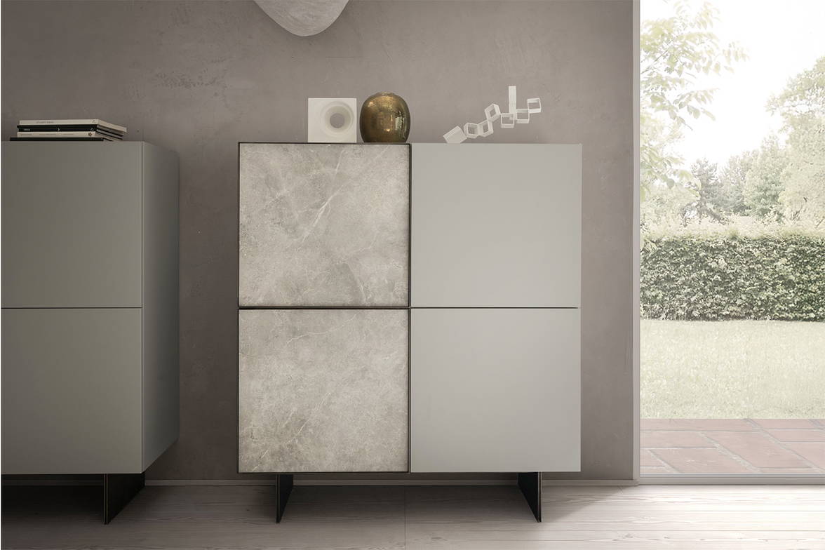 Match cupboard with matte girigio fume ceramic accent panels Match cupboard with matte girigio fume ceramic accent panels