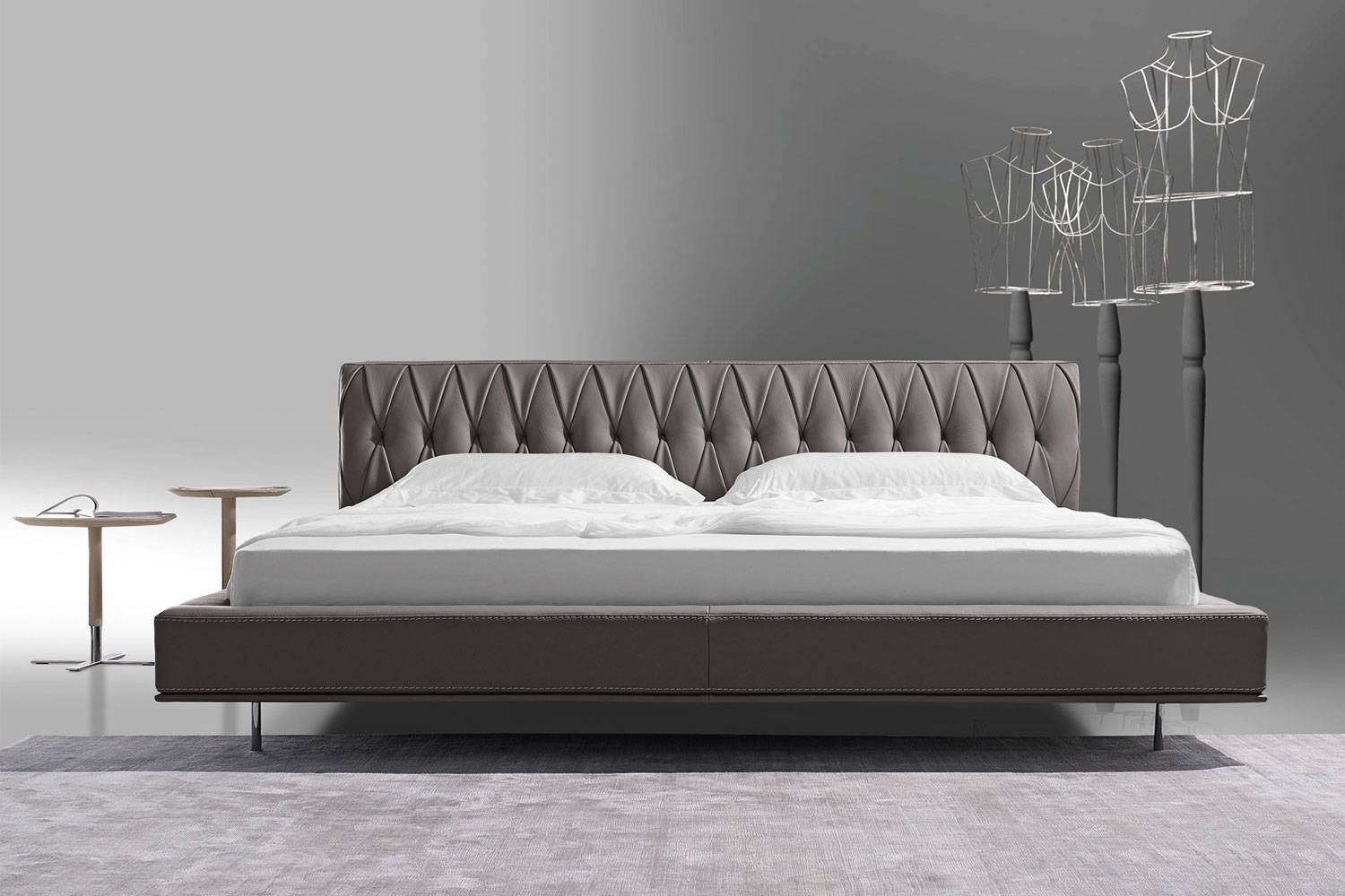McQueen Night bed and Coin end tables front view