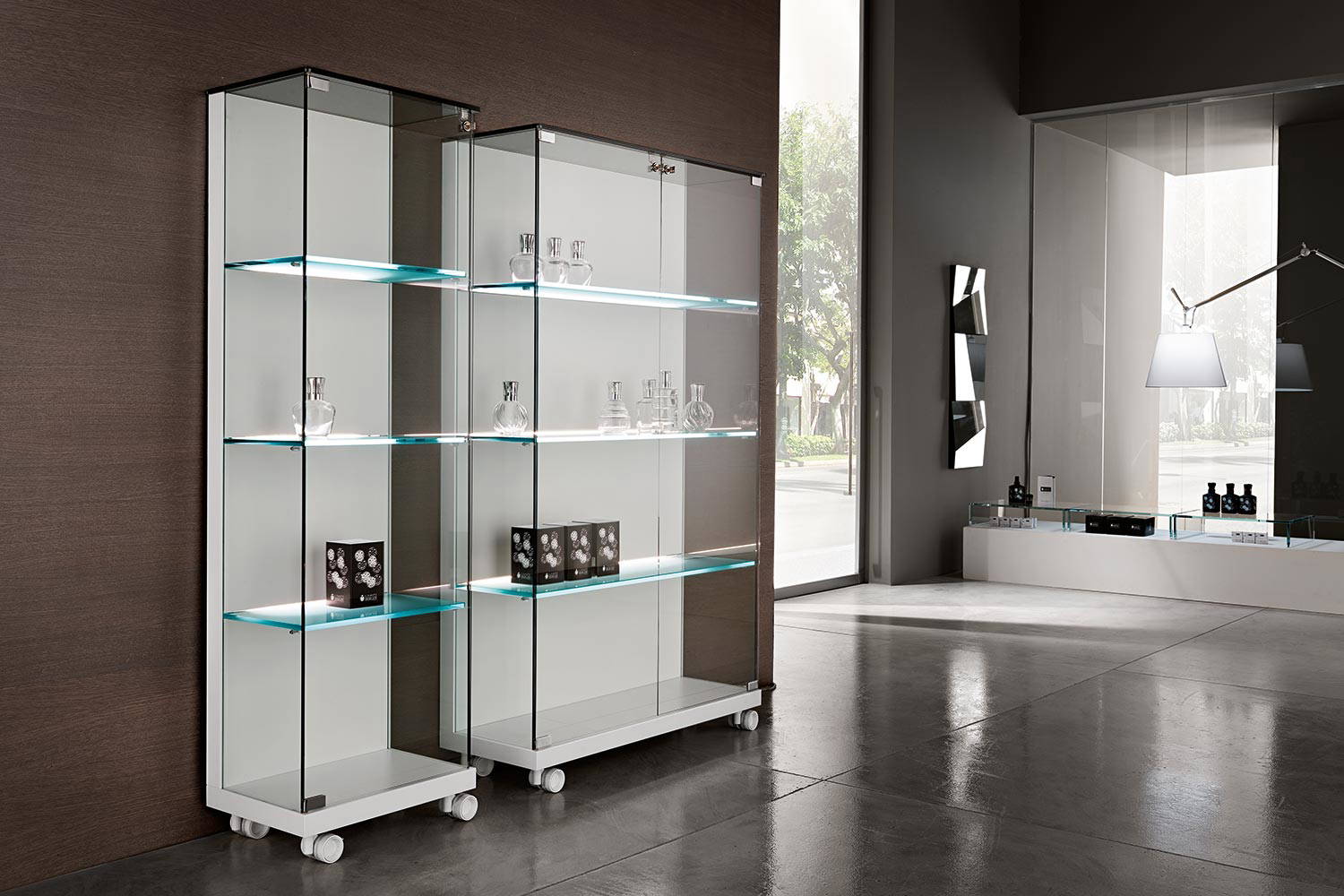 Medora mobile glass curios in matte white wood