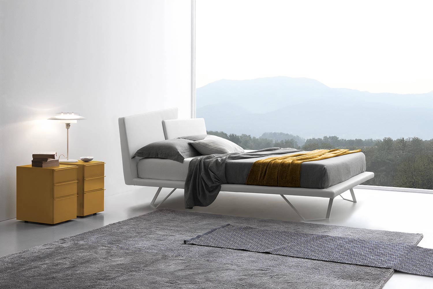 Meeting bed in single-tone upholstery with sleigh feet 