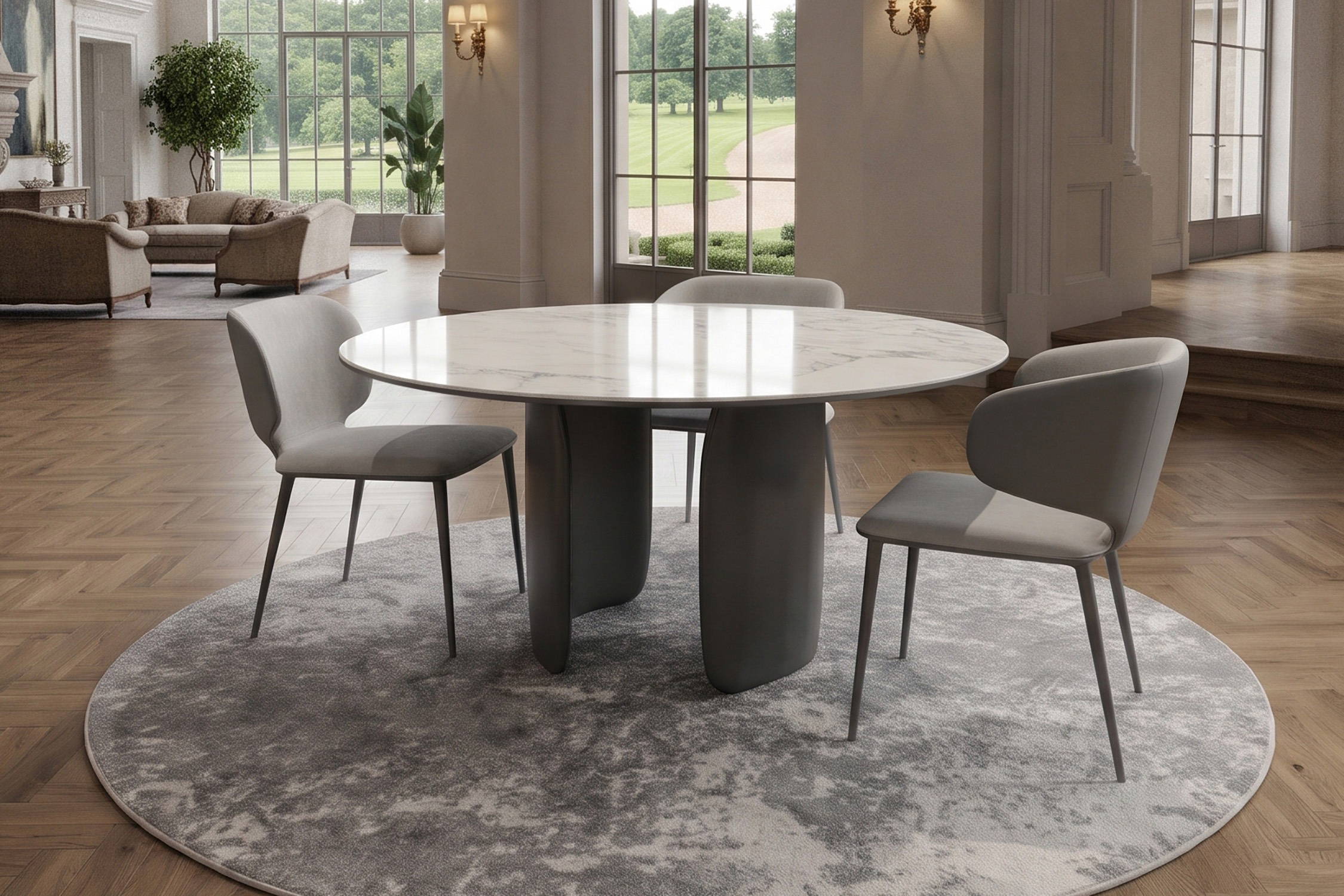 Mellow round dining table with glossy calacatta top and anthracite base