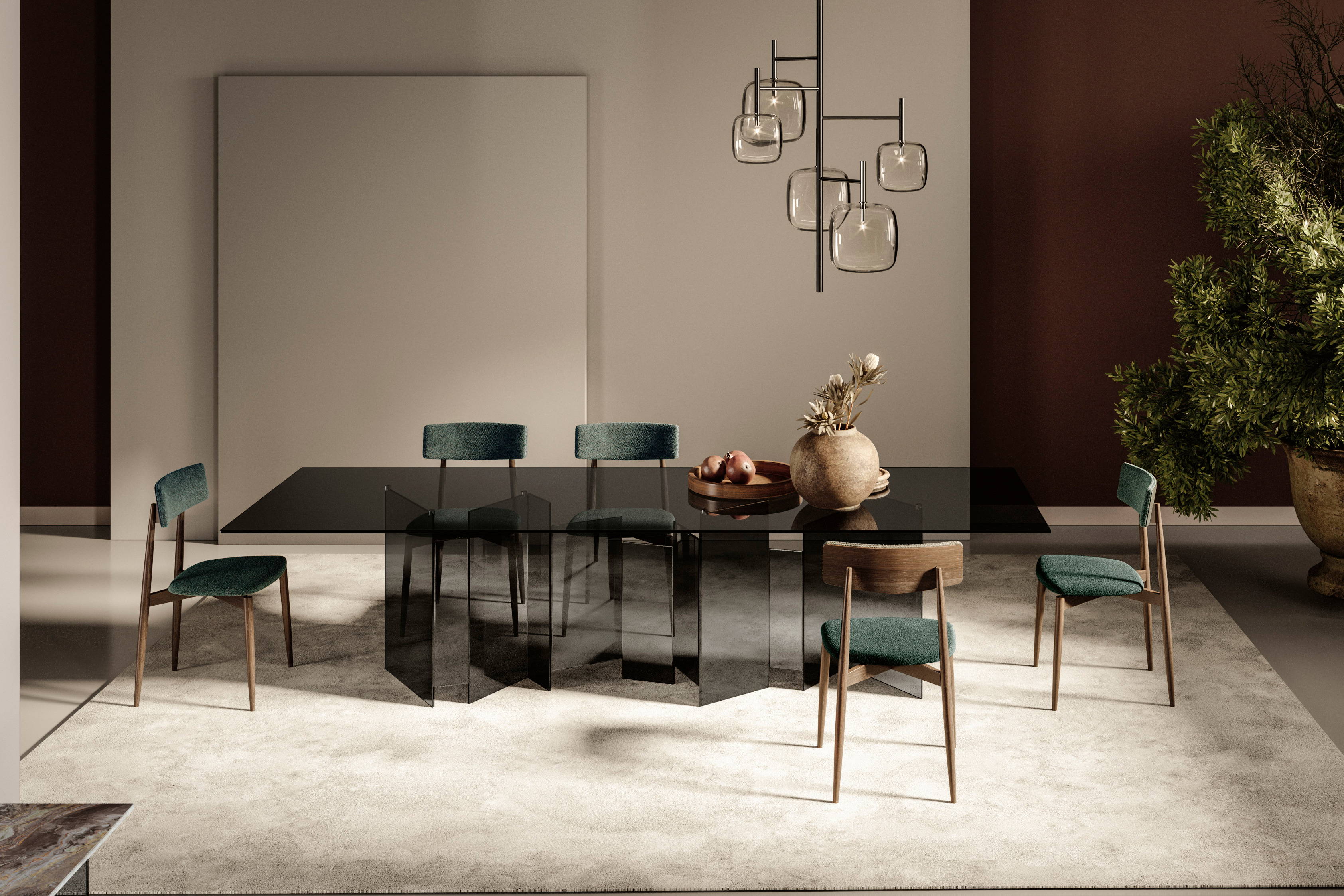 Metropolis rectangular dining table with Aw Dining Chairs and Hyperion Vertical Suspension Light