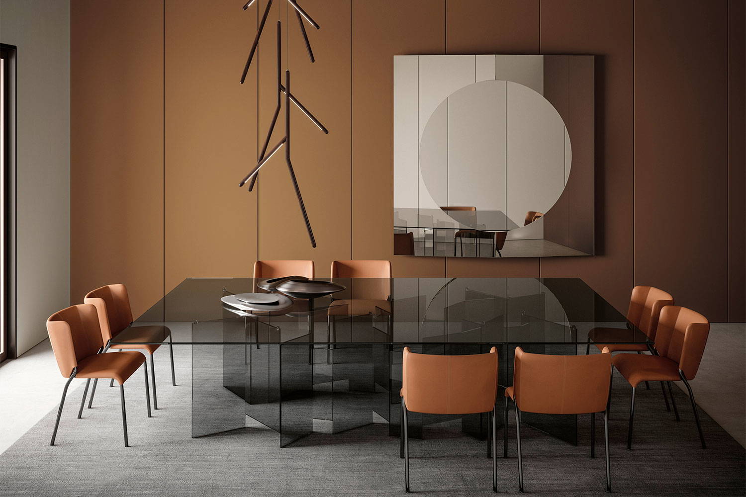 Metropolis XXL Dining Table in a smoked glass top and base finish.