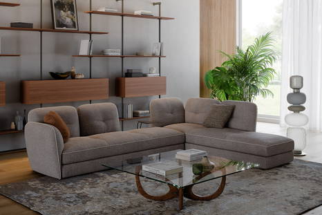 Michael Corner Sectional Sofa with Peninsula with Pigalle Floor Lamp, Helix Coffee Table, and Airport Bookshelf