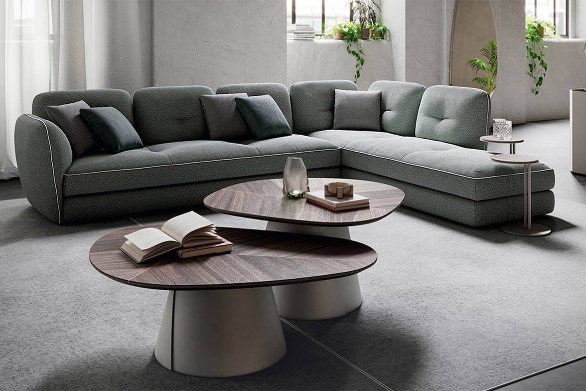 Michael Sectional Sofa with Chaise with Adrian Wood Coffee Tables, Hawaii Magnum Wall Mirror, and Sting Wood End Tables Michael Sectional Sofa with Chaise with Adrian Wood Coffee Tables, Hawaii Magnum Wall Mirror, and Sting Wood End Tables