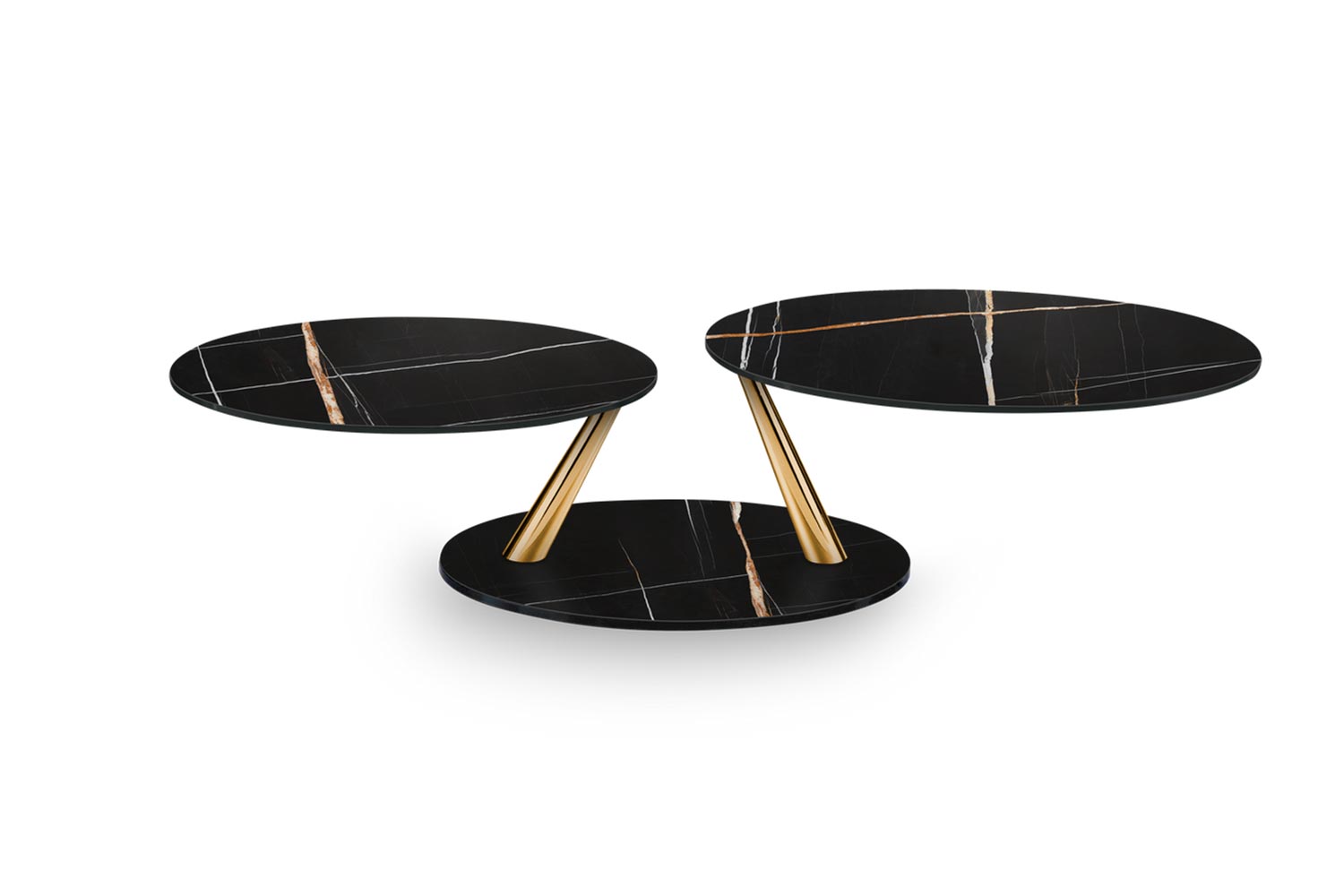 Miles coffee table by Naos (black desire ceramic tops and base, shiny gold supports)