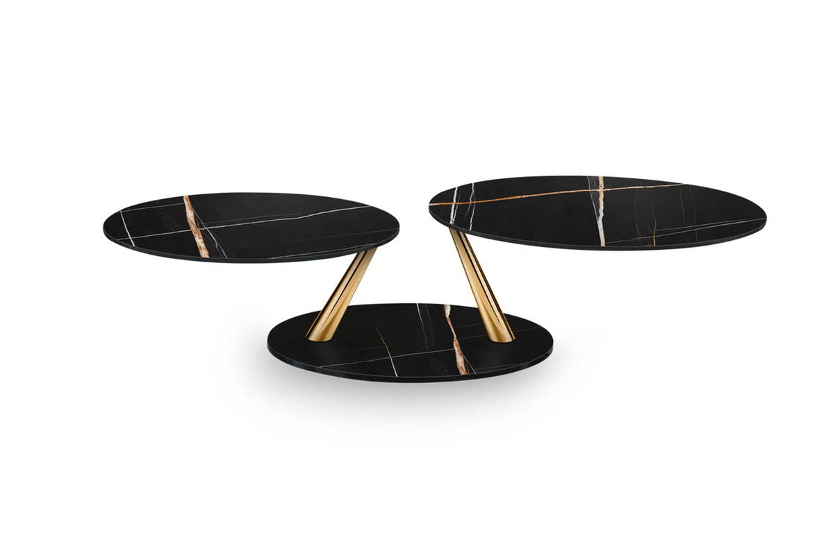 Miles coffee table by Naos (black desire ceramic tops and base, shiny gold supports) Miles coffee table by Naos (black desire ceramic tops and base, shiny gold supports)