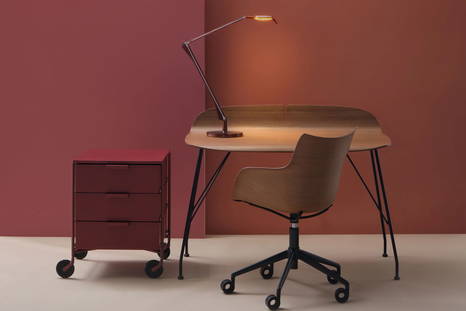 Mobil Mobile File Cabinet with the Earl of Wood Office Desk, Aledin Table Lamp, and Q/Wood Office Chair