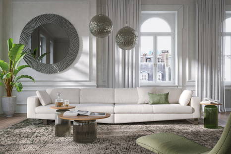 Montecarlo Sectional Sofa with Pitti Mirror, Soffio Elite Coffee Tables, Pixie Rug, and Ricciolo Chaise
