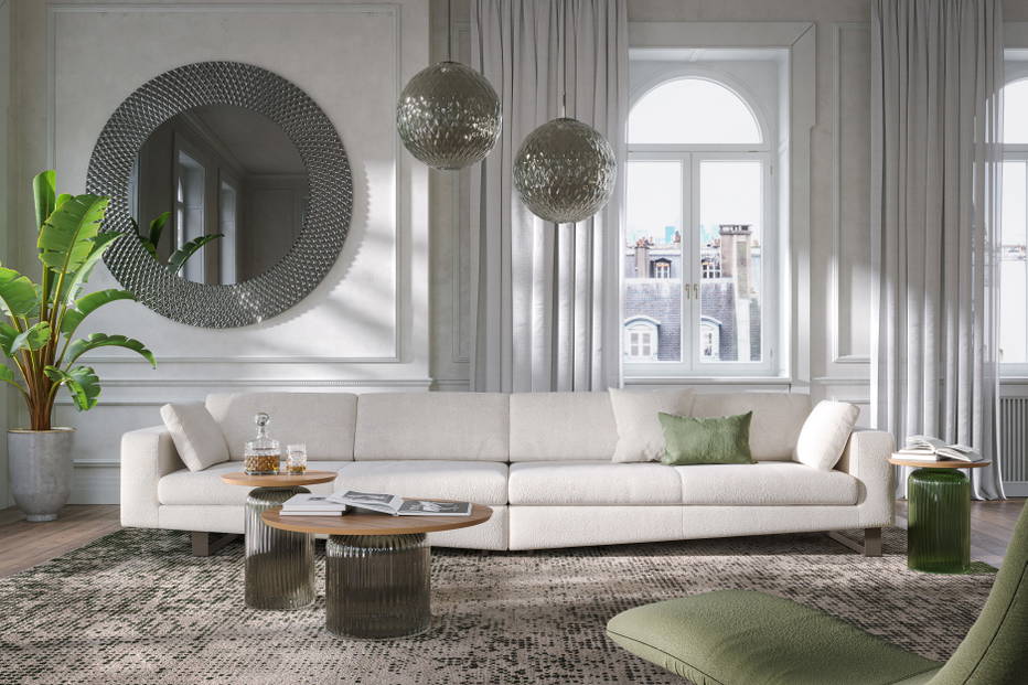 Montecarlo Sectional Sofa with Pitti Mirror, Soffio Elite Coffee Tables, Pixie Rug, and Ricciolo Chaise