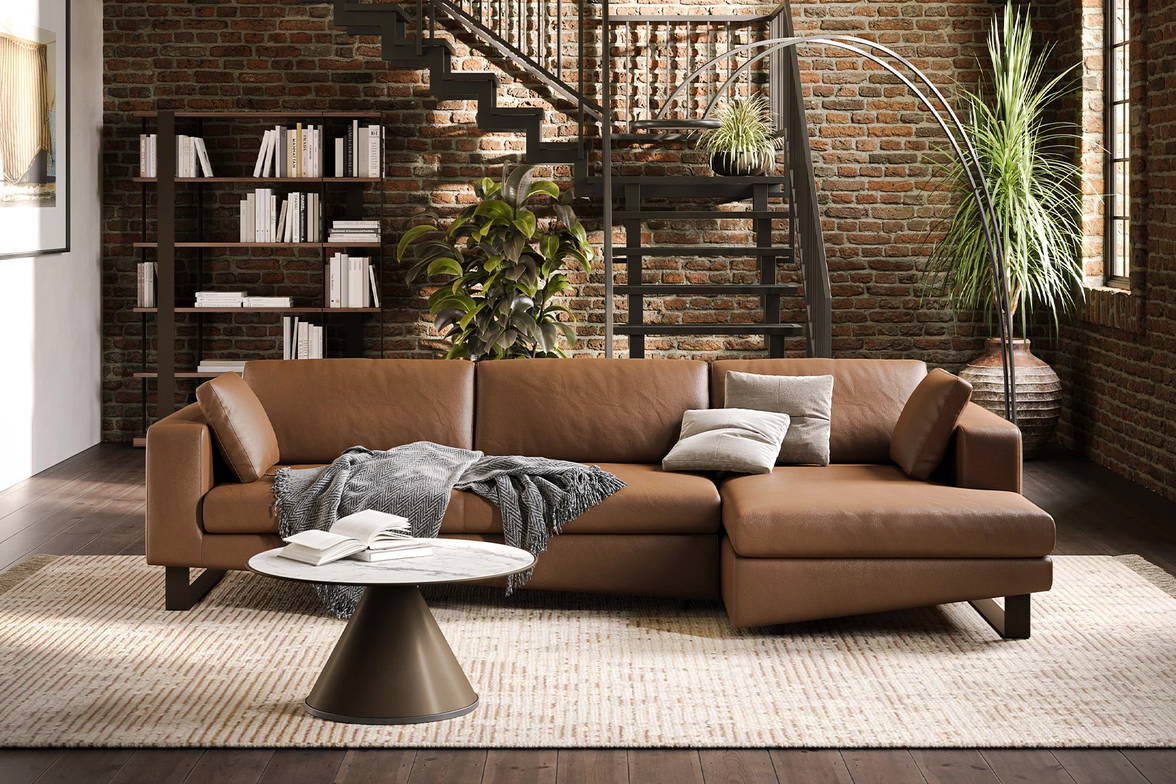 Montecarlo Sectional Sofa with Chaise with Iddu Coffee Table, Odissea Floor Lamp, and Sintesi Bookcase Montecarlo Sectional Sofa with Chaise with Iddu Coffee Table, Odissea Floor Lamp, and Sintesi Bookcase
