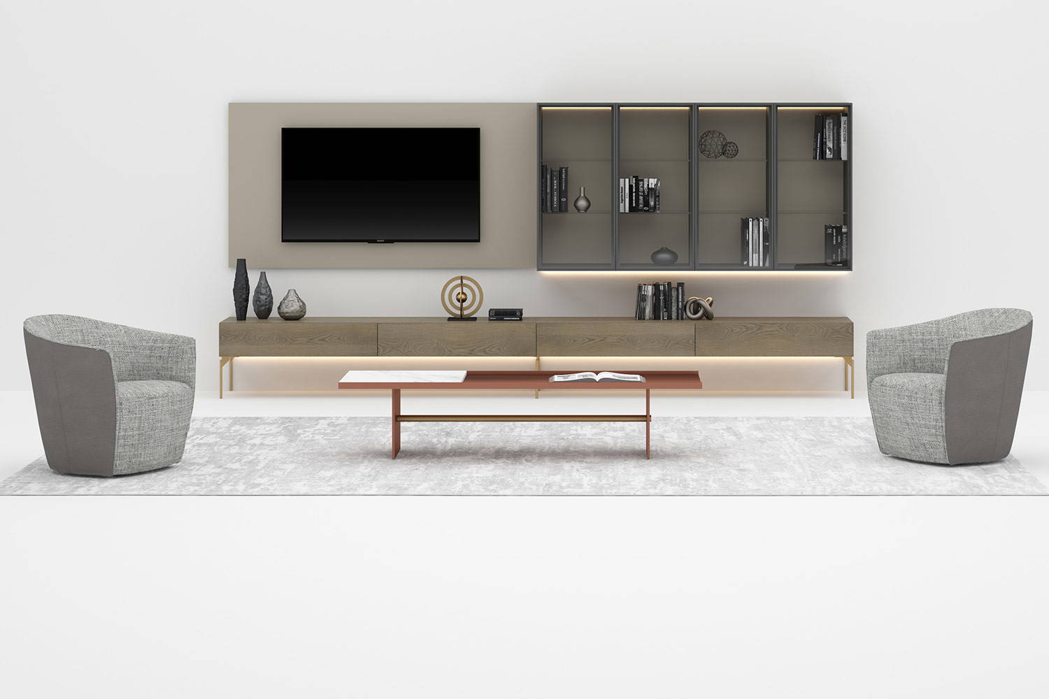 Moods 6 wall unit with Fuller armchairs and Irori coffee table