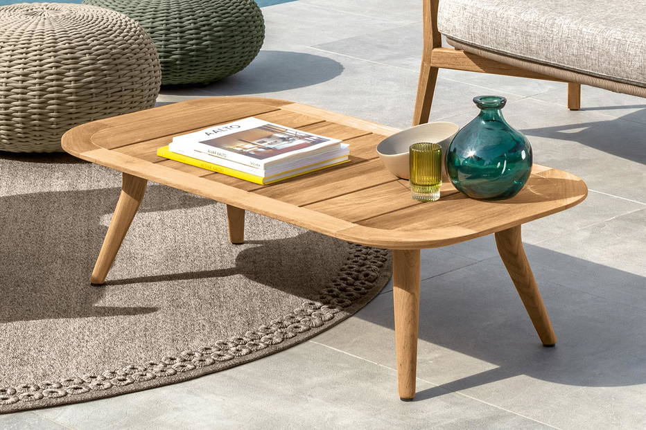 Moon Teak coffee table is outdoor-rated