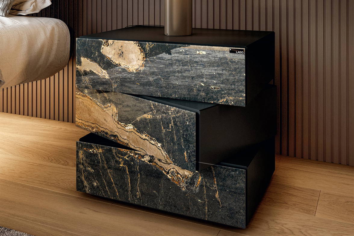 The Morgana 3 drawer nightstand in an Xglass finish. The Morgana 3 drawer nightstand in an Xglass finish.
