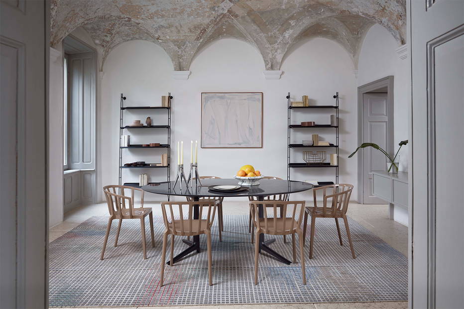 Multiplo XL Outdoor Dining Table with the Venice Dining Chairs and Adam Wood Shelving Unit
