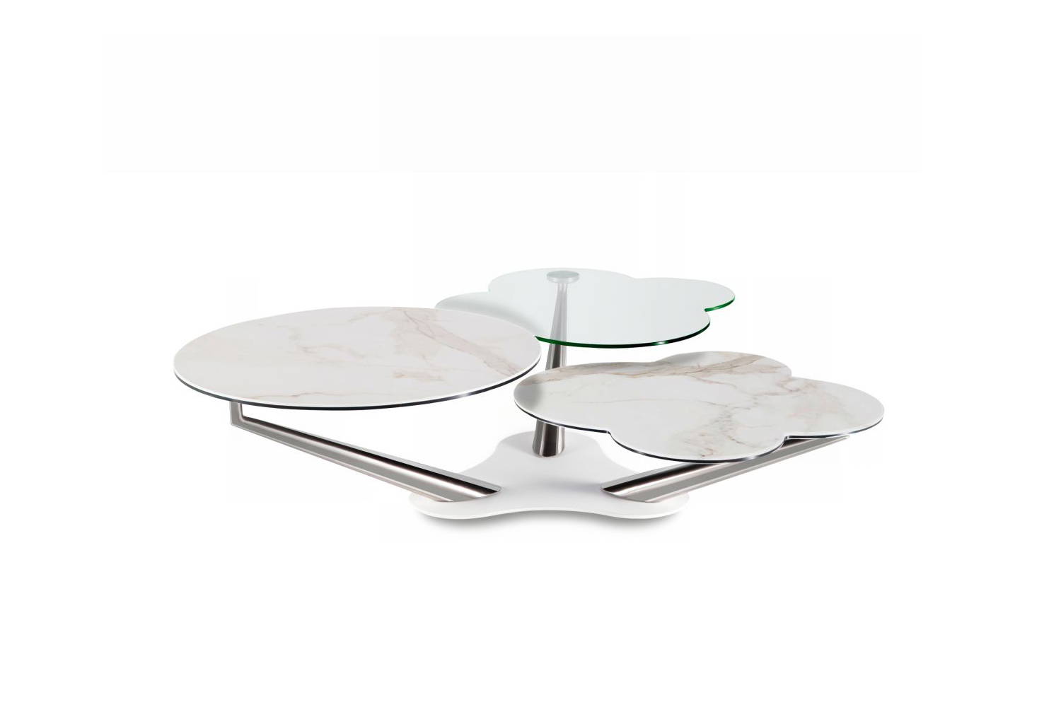 Myflower coffee table by Naos (Calacatta glossy ceramic upper and lower top, clear glass center top, chrome supports, matte white base)