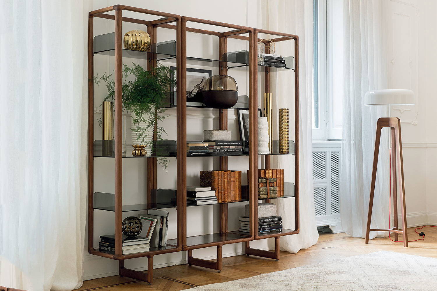 Myria bookcase composition D with Pileo floor lamp by Porada