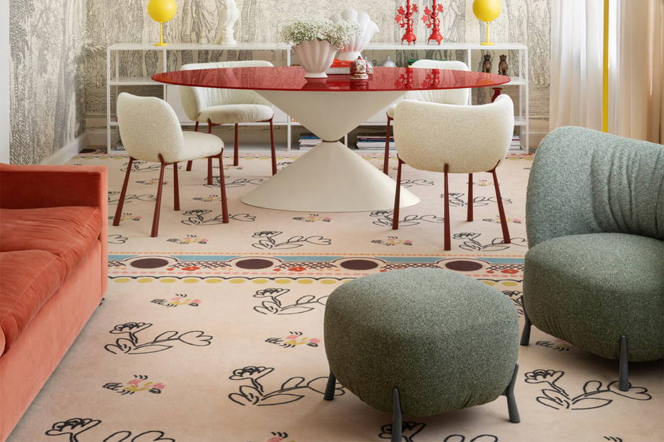 Mys Ottoman with Mys Armchair , Mys Dining Chairs, Charlotte Table Lamps, and Clessidra Elliptical Dining Table