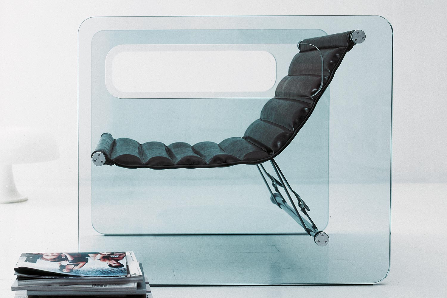 Naked glass armchair with black leather seat by Tonelli