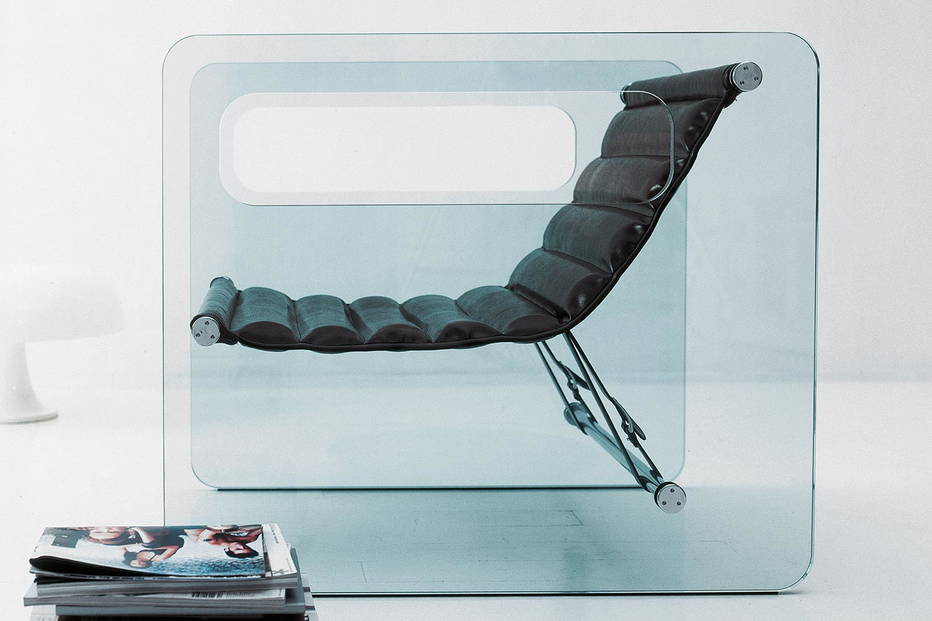 Naked glass armchair with black leather seat by Tonelli
