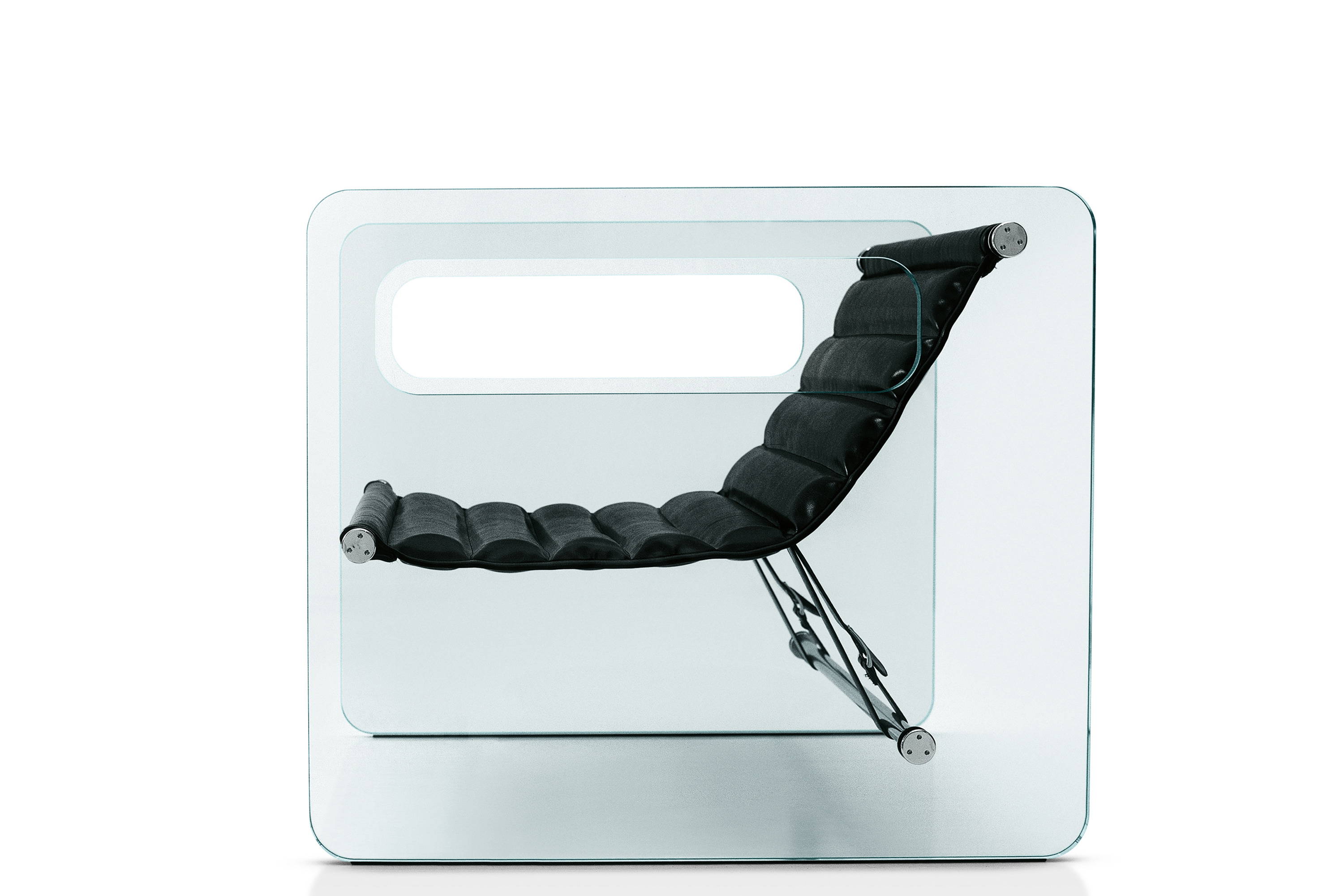 Naked glass armchair with black leather seat by Tonelli
