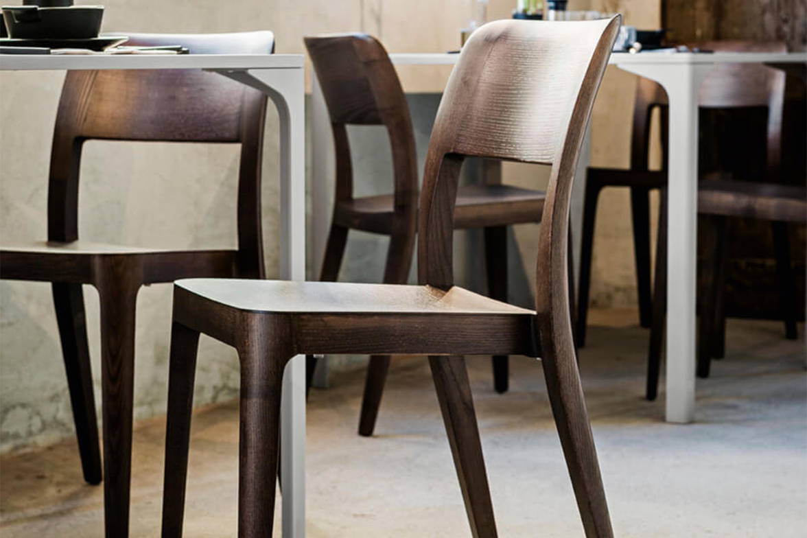 Close-up of Nene wood dining chairs Close-up of Nene wood dining chairs