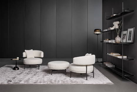 Neuilly pouf with two Neuilly chars and a Combination end table.