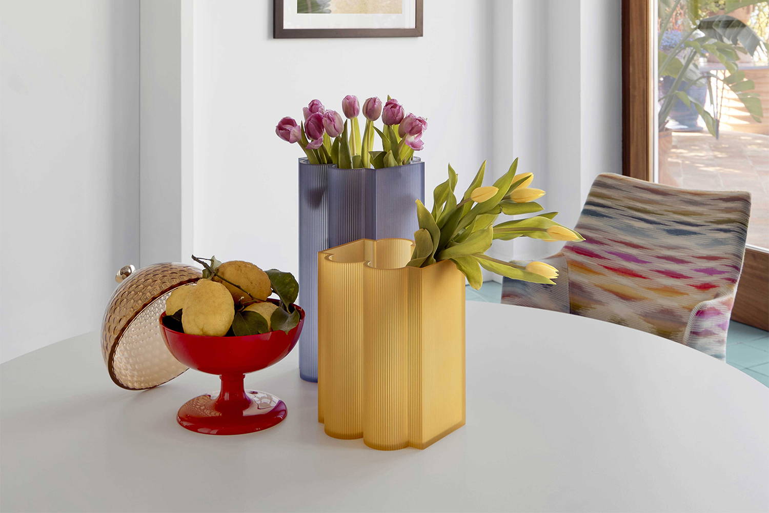 Okra Vases by Kartell, in violet and yellow finishes