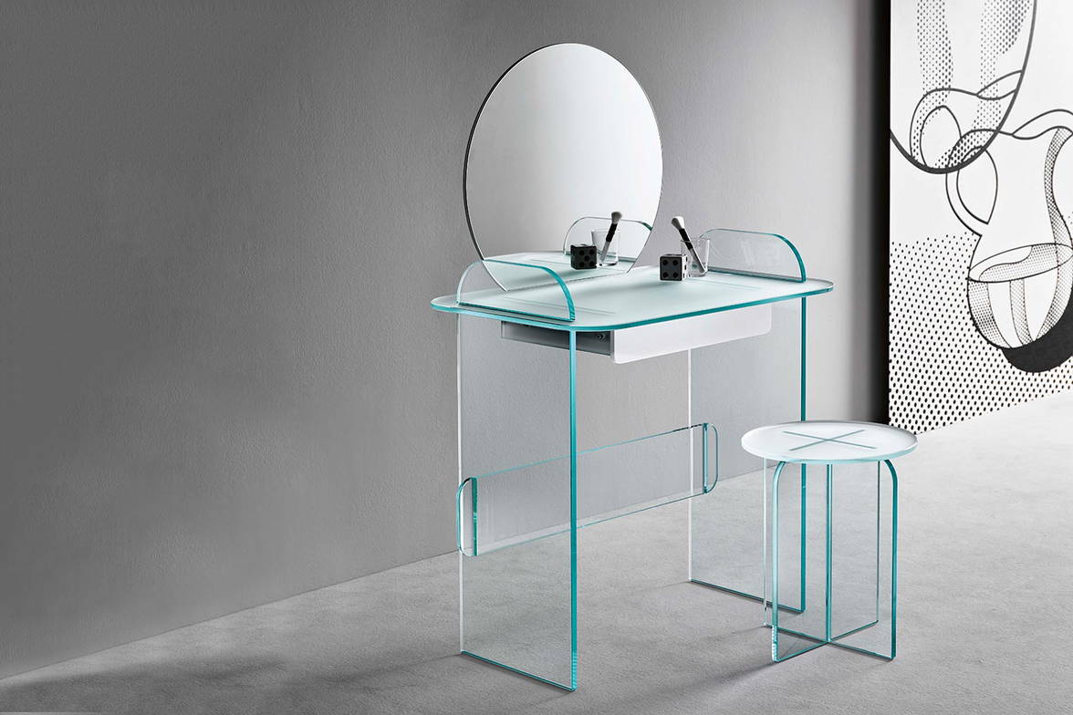 Opalina make up vanity with extra clear frosted top and extra clear frame Opalina make up vanity with extra clear frosted top and extra clear frame