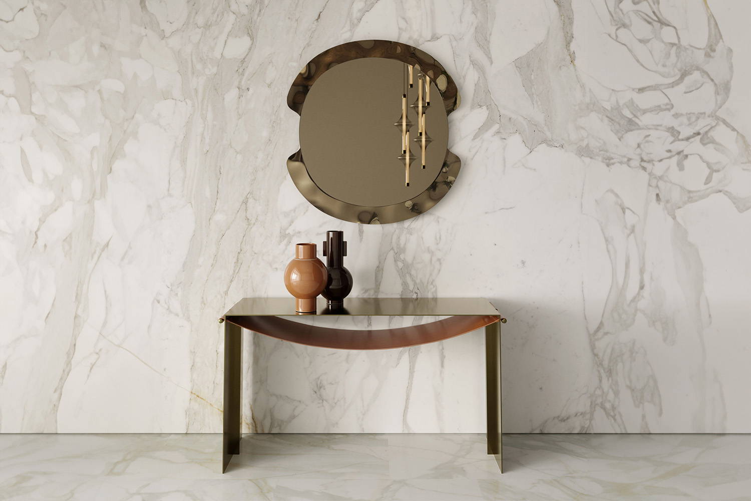 The Peak mirror in bronze with the Piper console table.