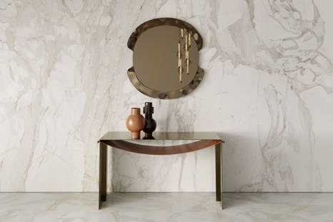 The Peak mirror in bronze with the Piper console table.