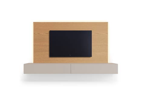 The People wall unit in Frassino Miele wood with Ecru matte lacquer drawers.