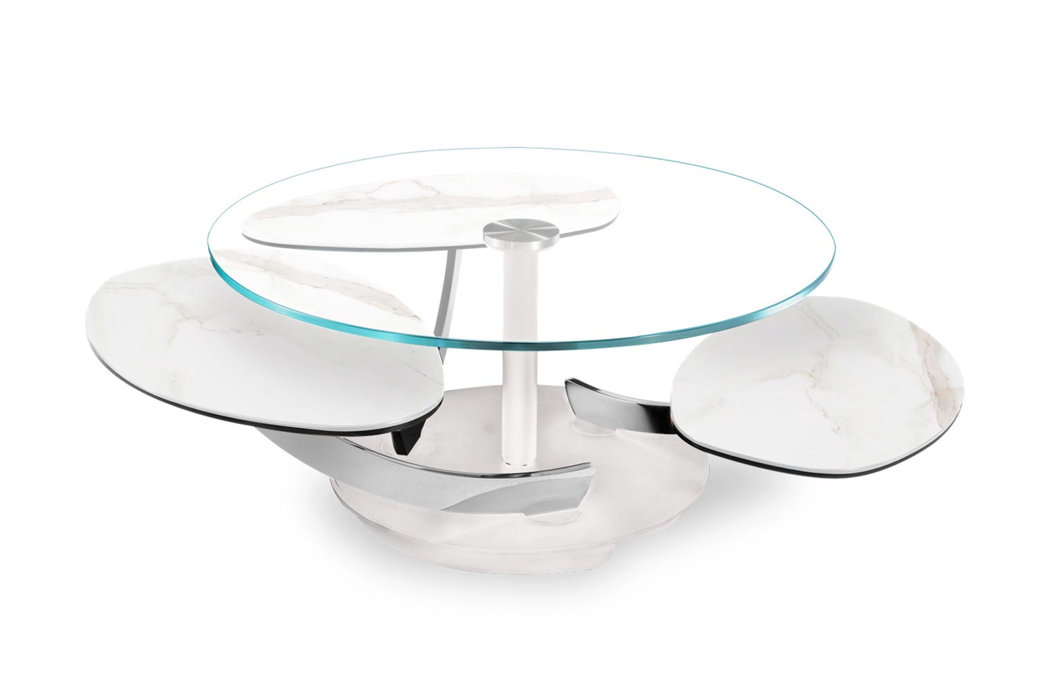 Petres coffee table by Naos (extra-clear glass upper top, calacatta ceramic lower tops, chrome supports, and matte white base)
