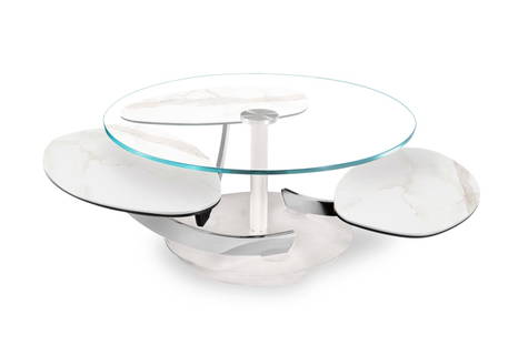 Petres coffee table by Naos (extra-clear glass upper top, calacatta ceramic lower tops, chrome supports, and matte white base)