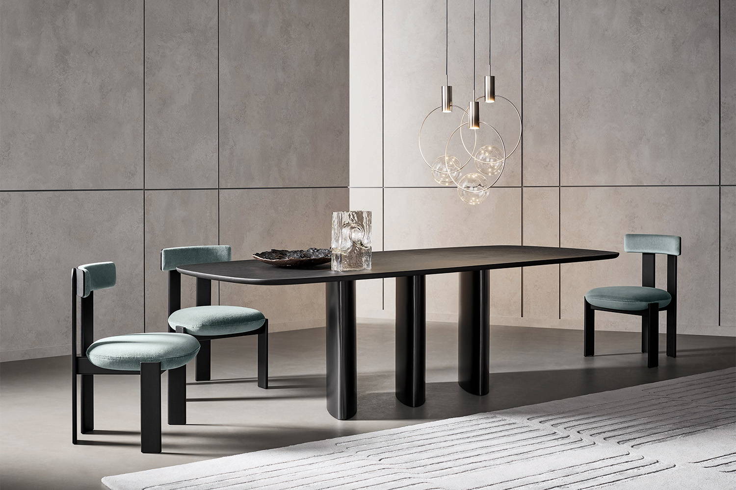Pi dining chairs with a Louver dining table.
