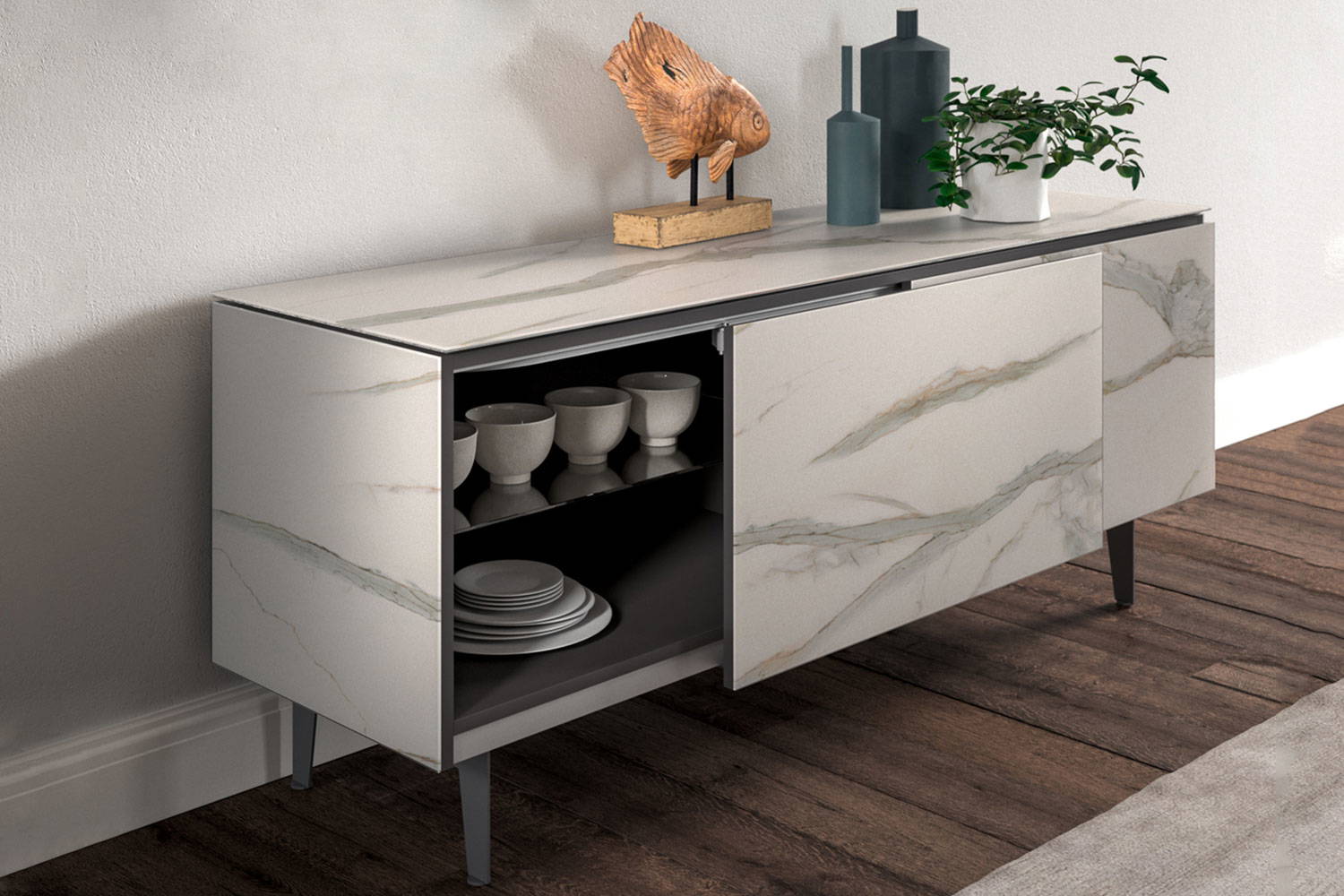 Plana sideboard by Ozzio Italia features two sliding doors